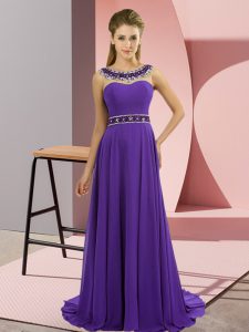 Brush Train Empire Prom Party Dress Purple Scoop Chiffon Sleeveless Zipper