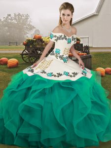 Embroidery and Ruffles Quinceanera Dresses Turquoise Lace Up Sleeveless Floor Length