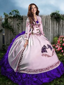 Exquisite Floor Length Lace Up Quinceanera Gown White And Purple for Sweet 16 and Quinceanera with Embroidery and Ruffles