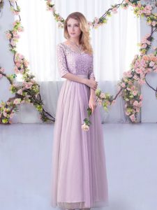 Pretty Tulle V-neck Half Sleeves Side Zipper Lace and Belt Wedding Guest Dresses in Lavender