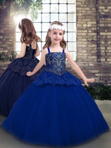 Latest Blue Ball Gowns Tulle Straps Sleeveless Beading Floor Length Lace Up Little Girl Pageant Dress