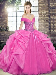 Pretty Rose Pink Sleeveless Floor Length Beading and Ruffles Lace Up Sweet 16 Dress