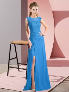 Deluxe Floor Length Blue Hoco Dress Scoop Sleeveless Zipper