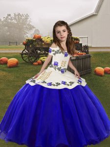 Best Royal Blue Lace Up Little Girls Pageant Dress Embroidery Sleeveless Floor Length