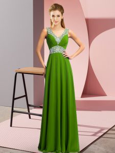 Green Empire Chiffon V-neck Sleeveless Beading Floor Length Lace Up Prom Dress