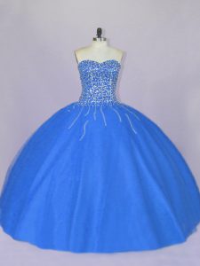 Blue Lace Up Quince Ball Gowns Beading Sleeveless Floor Length