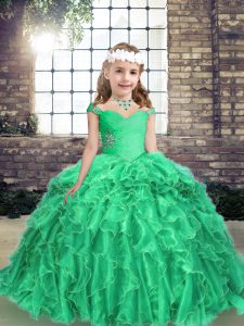 Attractive Floor Length Lace Up Pageant Dress Toddler Turquoise for Prom and Party with Beading and Ruffles