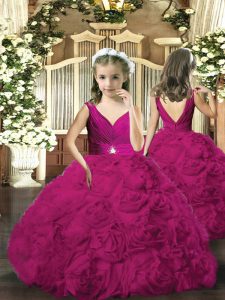 Fuchsia Ball Gowns Beading Pageant Gowns For Girls Backless Fabric With Rolling Flowers Sleeveless Floor Length