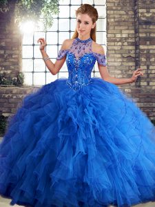 Royal Blue Halter Top Neckline Beading and Ruffles Sweet 16 Dresses Sleeveless Lace Up