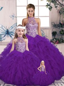 Fashionable Halter Top Sleeveless Tulle Quinceanera Gown Beading and Ruffles Lace Up
