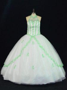Fashion White Quinceanera Gown Sweet 16 and Quinceanera with Appliques Halter Top Sleeveless Lace Up