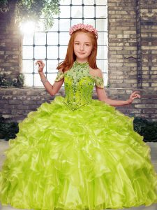 Yellow Green Lace Up Pageant Gowns For Girls Beading and Ruffles Sleeveless Floor Length