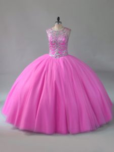 Graceful Beading Quinceanera Dress Rose Pink Lace Up Sleeveless Floor Length