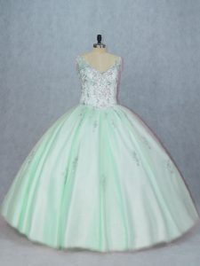 Beading and Appliques 15th Birthday Dress Apple Green Lace Up Sleeveless Floor Length