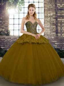 Brown Lace Up Sweetheart Beading and Appliques Ball Gown Prom Dress Tulle Sleeveless