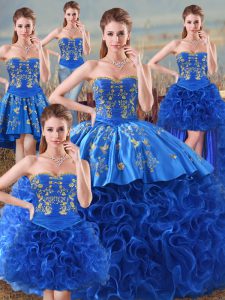 Sleeveless Floor Length Embroidery Lace Up Sweet 16 Quinceanera Dress with Royal Blue