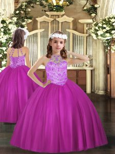 Halter Top Sleeveless Pageant Dress for Teens Floor Length Beading Fuchsia Tulle