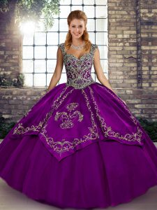 Latest Purple Lace Up Straps Beading and Embroidery Quince Ball Gowns Tulle Sleeveless