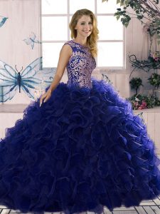 Hot Sale Organza Scoop Sleeveless Lace Up Beading and Ruffles Quinceanera Dresses in Purple