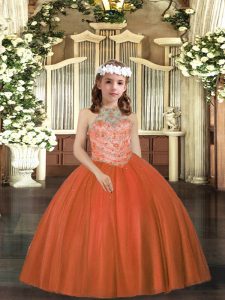 Sleeveless Tulle Floor Length Lace Up Girls Pageant Dresses in Rust Red with Beading