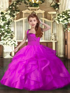 Fuchsia Straps Lace Up Ruffles Little Girls Pageant Gowns Sleeveless
