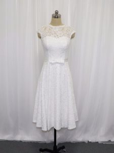 White Scoop Neckline Lace and Belt Wedding Gown Sleeveless Lace Up