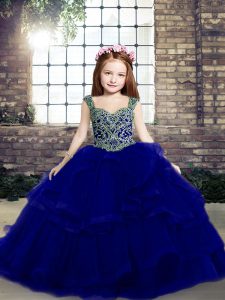 Straps Sleeveless Lace Up Kids Formal Wear Royal Blue Organza