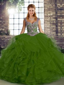Gorgeous Olive Green Lace Up Ball Gown Prom Dress Beading and Ruffles Sleeveless Floor Length