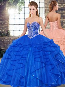 Designer Royal Blue Ball Gowns Tulle Sweetheart Sleeveless Beading and Ruffles Floor Length Lace Up 15 Quinceanera Dress
