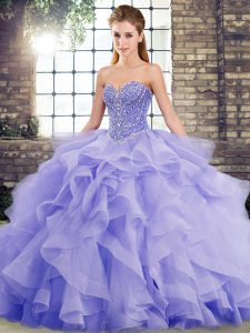 Pretty Beading and Ruffles Sweet 16 Quinceanera Dress Lavender Lace Up Sleeveless Brush Train