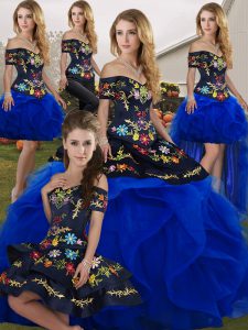 Floor Length Royal Blue Vestidos de Quinceanera Tulle Sleeveless Embroidery and Ruffles