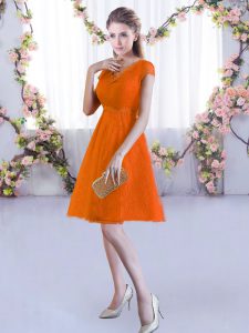 Orange Red V-neck Lace Up Lace Dama Dress Cap Sleeves