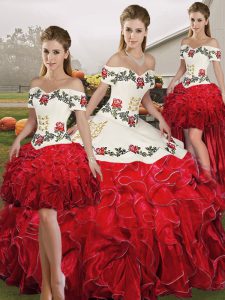 Dynamic Floor Length White And Red Quinceanera Dress Organza Sleeveless Embroidery and Ruffles