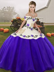 Fitting White And Purple Sleeveless Embroidery Floor Length Vestidos de Quinceanera