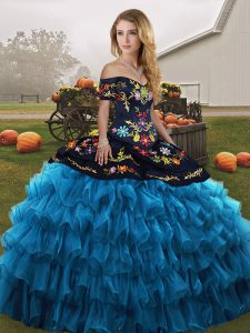 Sophisticated Embroidery and Ruffled Layers Quince Ball Gowns Blue And Black Lace Up Sleeveless Floor Length