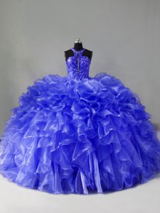 Glamorous Halter Top Sleeveless Brush Train Zipper Quinceanera Dress Blue Organza