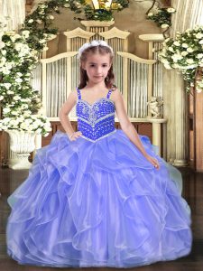Most Popular Lavender Ball Gowns Straps Sleeveless Organza Floor Length Lace Up Beading and Ruffles Winning Pageant Gowns