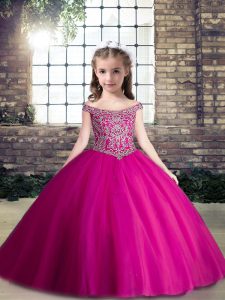 Cute Fuchsia Ball Gowns Tulle Sweetheart Sleeveless Beading Floor Length Lace Up Girls Pageant Dresses
