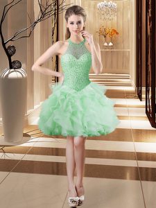 Apple Green Tulle Lace Up Prom Evening Gown Sleeveless Mini Length Beading and Ruffles