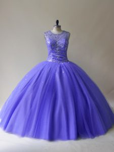 Scoop Sleeveless Quinceanera Dresses Floor Length Beading Purple Tulle