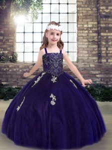 Straps Sleeveless Tulle Pageant Gowns For Girls Appliques Lace Up