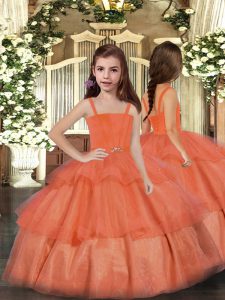 New Arrival Orange Red Ball Gowns Organza Straps Sleeveless Ruffled Layers Floor Length Lace Up Girls Pageant Dresses