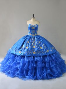 Satin Sweetheart Sleeveless Lace Up Embroidery and Ruffles Vestidos de Quinceanera in Royal Blue