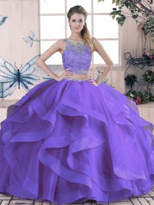 Two Pieces Sweet 16 Dresses Purple Scoop Tulle Sleeveless Floor Length Lace Up