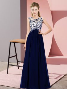 High End Royal Blue Zipper Scoop Beading and Appliques Bridesmaid Gown Chiffon Sleeveless