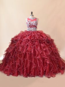 Enchanting Red Zipper Scoop Beading and Lace and Appliques Quinceanera Dress Organza Sleeveless Brush Train