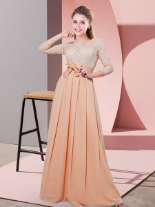 Extravagant Peach Empire Chiffon Scoop 3 4 Length Sleeve Lace and Belt Floor Length Side Zipper Vestidos de Damas