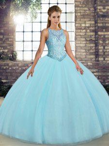 Free and Easy Aqua Blue Ball Gowns Tulle Scoop Sleeveless Embroidery Floor Length Lace Up Sweet 16 Quinceanera Dress