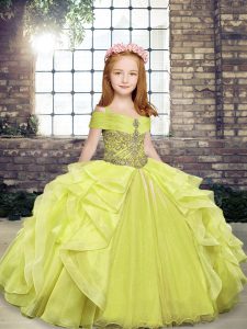 Straps Sleeveless Lace Up Glitz Pageant Dress Yellow Green Organza