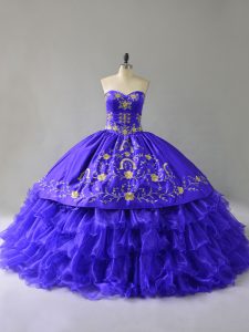 Sophisticated Blue Sleeveless Floor Length Embroidery and Ruffled Layers Lace Up 15 Quinceanera Dress